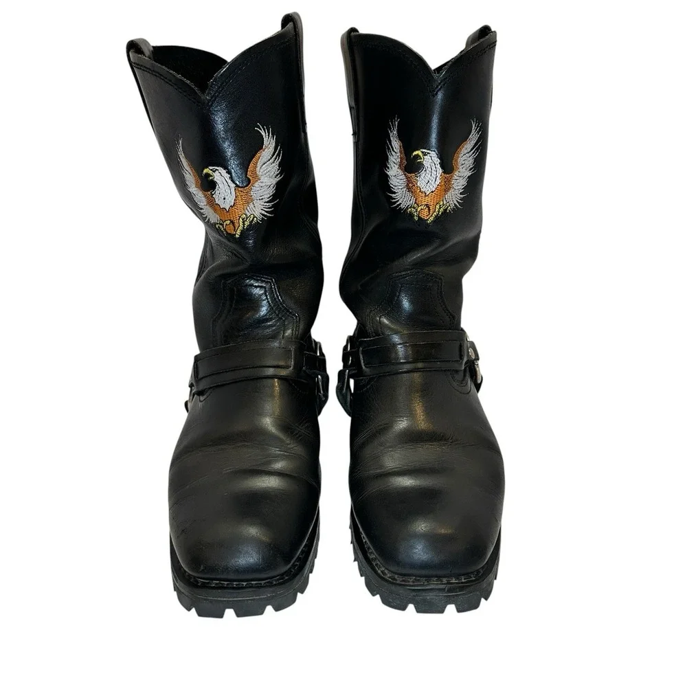 Xelement Men's 10 M Black Leather Eagle Harness Motorcycle Boots Vibram Sole